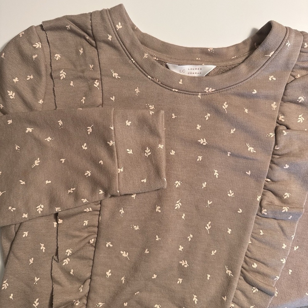 Lauren Conrad  Women Tan & Pink Floral Print Ruffle Front Sweatshirt Size Medium